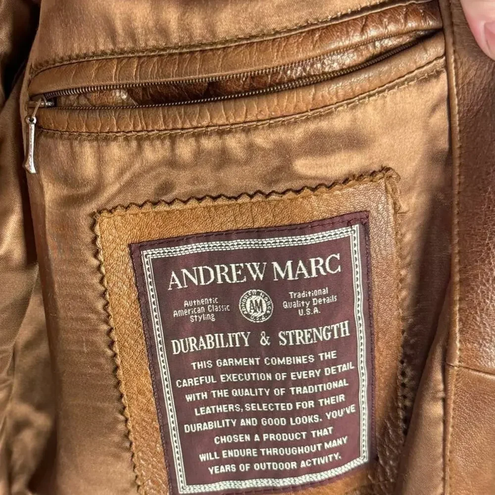 Andrew Marc Leather Car Coat S Brown Button Front Classic Heritage Luxury Jacket